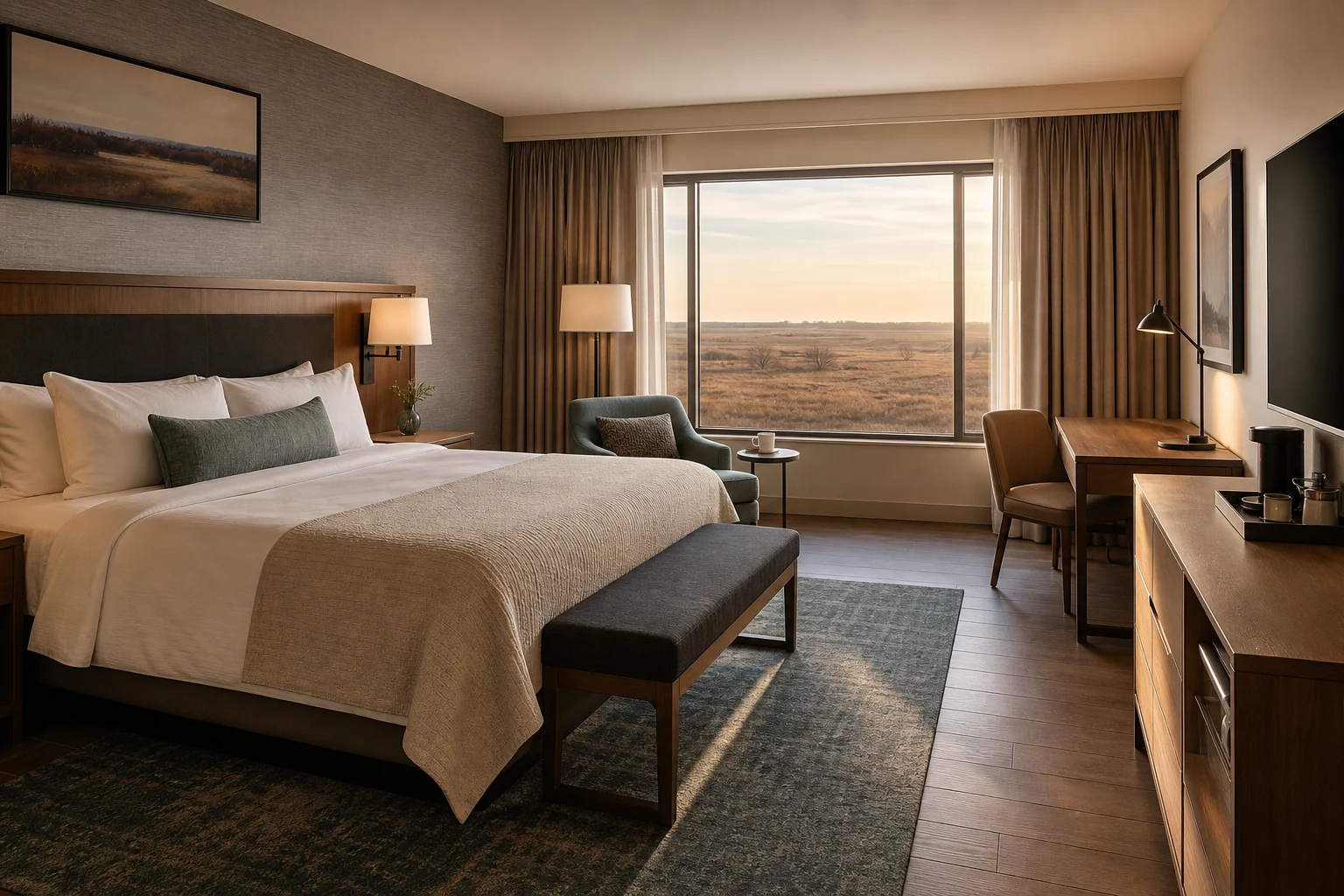 Editorial view of a comfortable modern king room overlooking an open prairie landscape