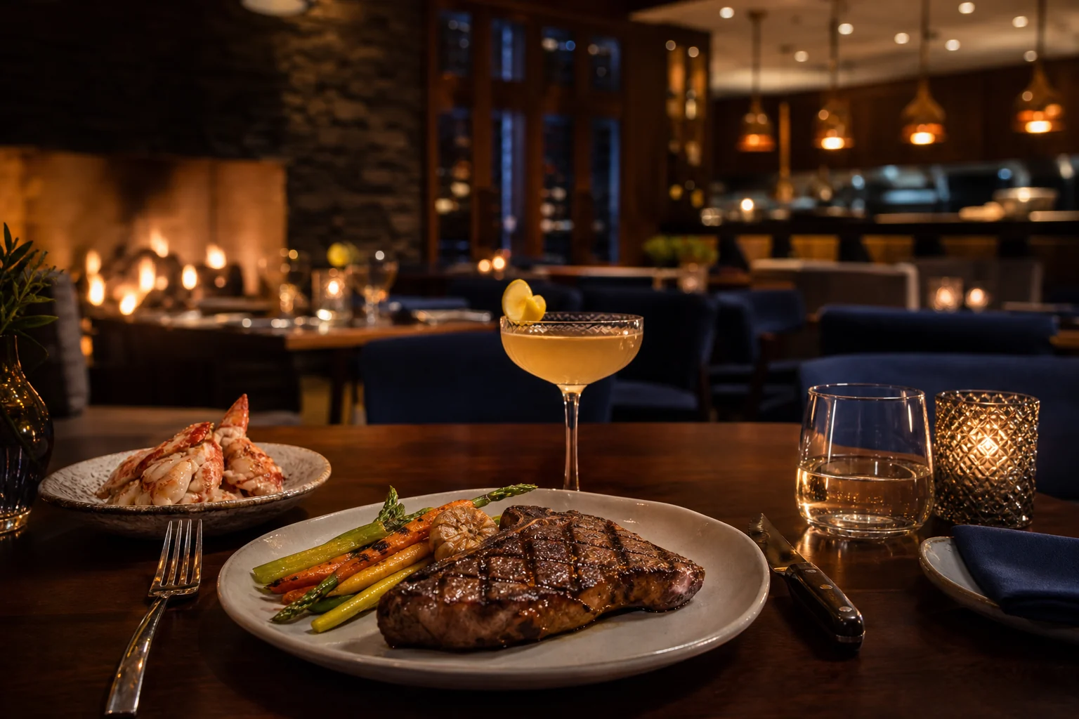 Editorial steakhouse dinner with grilled steak, seasonal vegetables and warm restaurant lighting